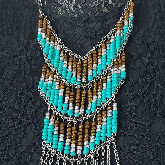 Boho Chic Multicolor Fringed Bib Statement Necklace Turquoise Brown White Silver - Picture 5 of 6